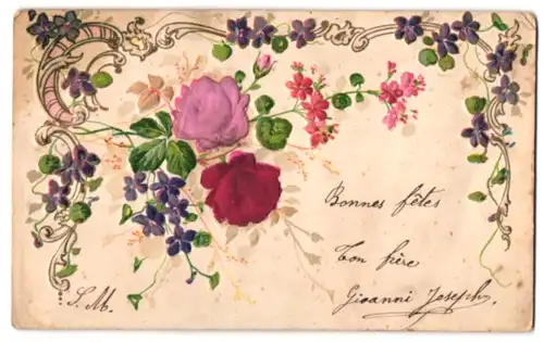Stoff-Präge-AK Blumenranke über einen Strauss mit Rosen aus echtem Stoff