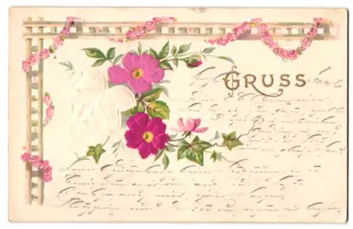 Stoff-Präge-AK Ein Gruss mit Blumen aus echtem Stoff