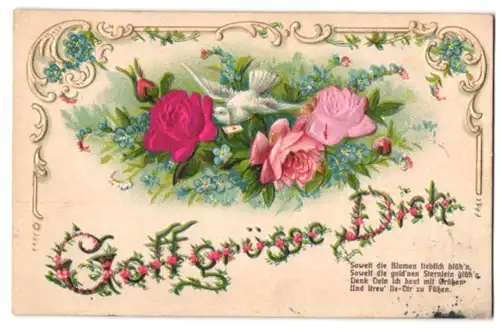 Stoff-Präge-AK Brieftaube inmitten von Rosen aus echtem Stoff