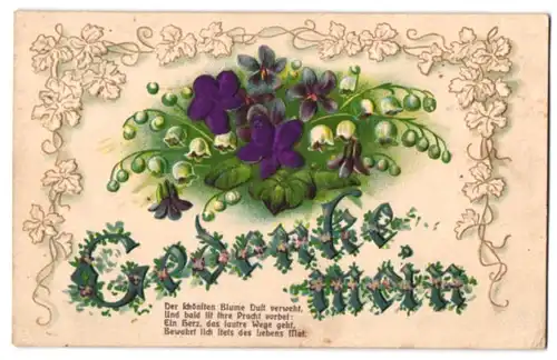 Stoff-Präge-AK Blumenornament mit purpurnen Blüten aus echtem Stoff