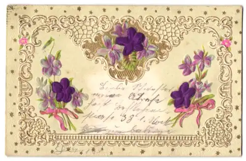 Stoff-Präge-AK Lilafarbene Blüten aus echtem Stoff im goldenen Ornament