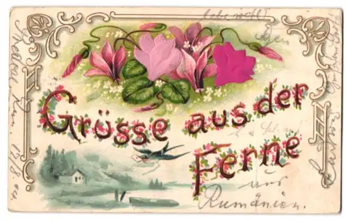Stoff-Präge-AK Grüsse aus der Ferne mit Blumen aus echtem Stoff