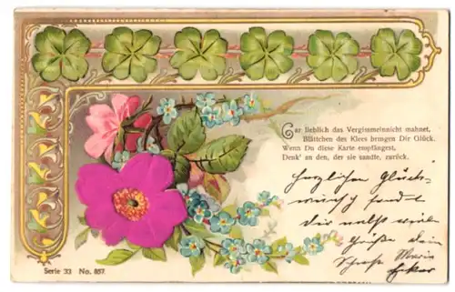 Stoff-Präge-AK Glückskleeblätter umranden Blume aus echtem Stoff