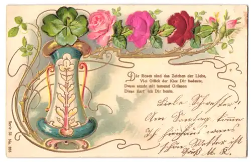 Stoff-Präge-AK Drei Rosen aus echtem Stoff und ein Glückskleeblatt