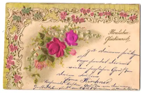 Stoff-Präge-AK Herzlichen Glückwunsch mit Rosen aus echtem Stoff