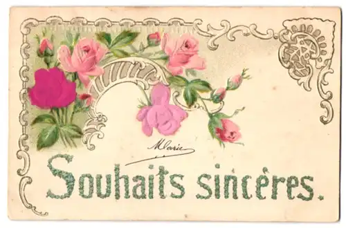 Stoff-Präge-AK Rosen aus echtem Stoff und Blütenzweig mit erblühenden Rosen