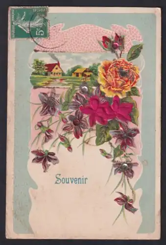 Stoff-Präge-AK Bild zweier Häuser umrandet mit Blumen aus echtem Stoff und Schmucksteinen