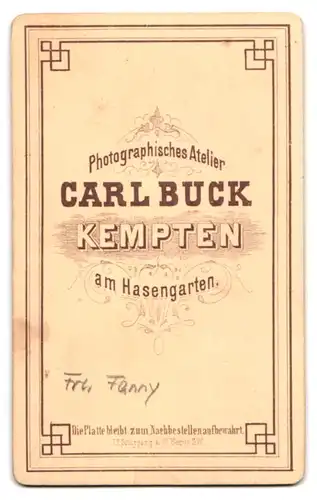 Fotografie Carl Buck, Kempten, am Hasengarten, Bürgerliche junge Dame von der Seite