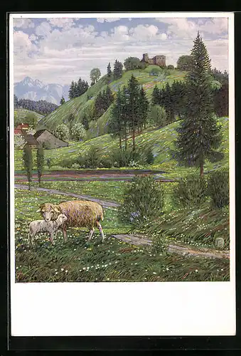 Künstler-AK Josef Madlener: Schafe weiden auf einer Frühlingsau