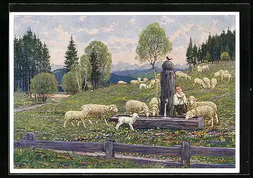 Künstler-AK Josef Madlener: Schäfer mit seiner Herde an einer Quelle