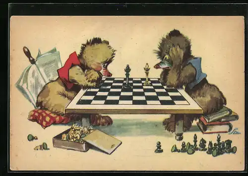 Künstler-AK Teddys spielen Schach