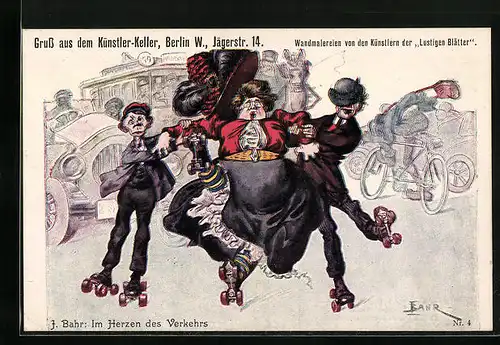 Künstler-AK Im Herzen des Verkehrs, Familie auf Rollschuhen