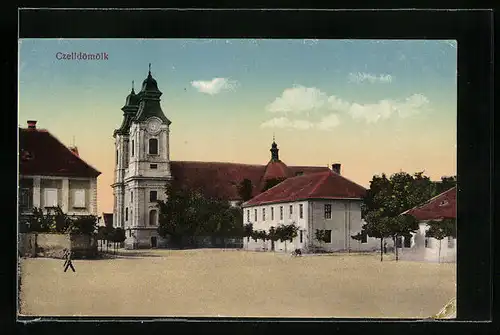 AK Czelldömölk, Blick vom Hauptplatz zur Kirche