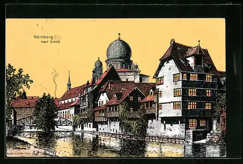 Künstler-AK Eugen Felle: Nürnberg, Insel Schütt, Synagoge