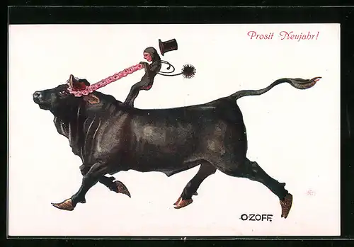 Künstler-AK sign. O. Zoff: Schornsteinfeger reitet auf einem Ochsen, Prosit Neujahr!