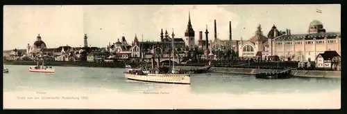 Klapp-AK Düsseldorf, Ausstellung 1902, Panorama der Stadt mit Sleipner und Kanonenboot Panther
