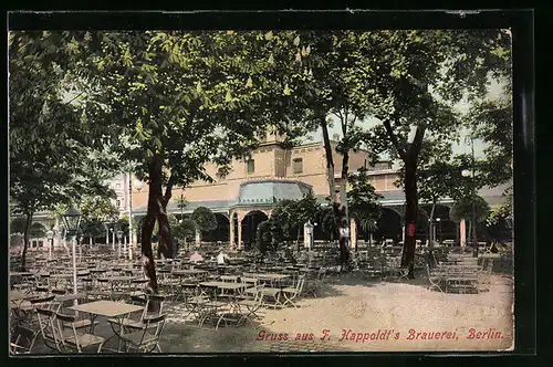 AK Berlin, F. Happoldt`s Brauerei mit Terrasse