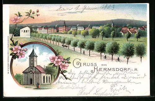 Lithographie Hermsdorf i. M., Ortsansicht mit Kirche