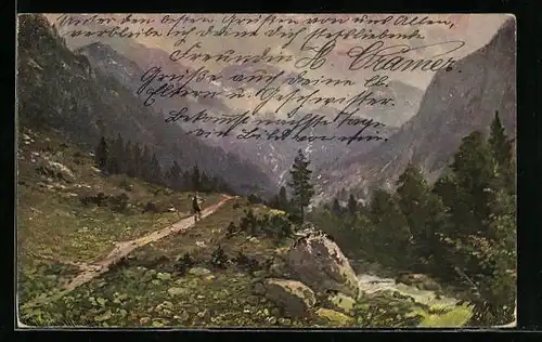 Künstler-AK M. Müller jun.: Holzfäller aud einem Weg in den Bergen