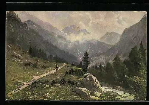 Künstler-AK M. Müller jun.: Wanderer mit Axt auf einem Weg im Hochgebirge