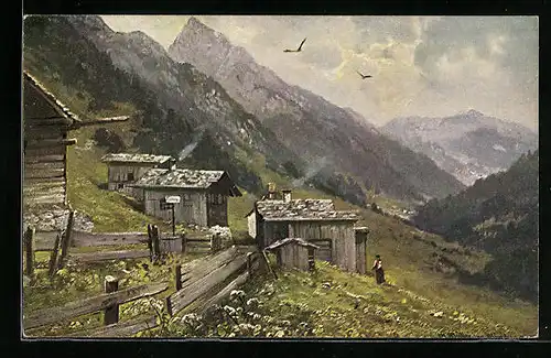 Künstler-AK M. Müller jun.: Holzhütten auf der Alm bei diesigem Wetter