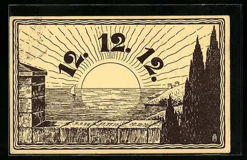 Künstler-AK Datum 12.12.12 über untergehender Sonne