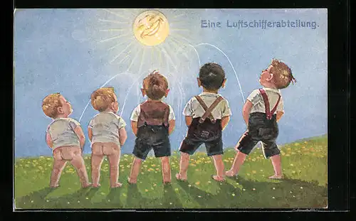 Künstler-AK Knaben urinieren in Richtung Sonne, Toilettenhumor