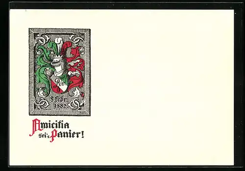 Künstler-AK Nürnberg, Technische Verbindung Amicitia, Ritterhelm und Studentenwappen