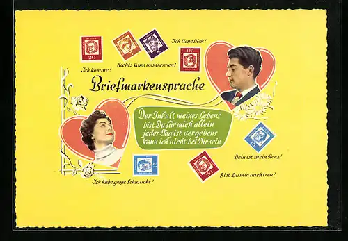 AK Briefmarkensprache, Ich komme, Nichts kann uns trennen!, Dein ist mein Herz, Herr und Dame in zwei Herzen