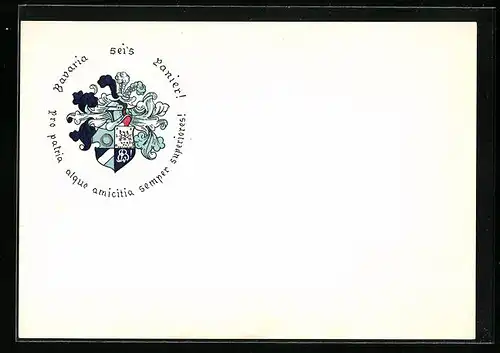 Künstler-AK Würzburg, Bavaria sei`s Panier, Riterhelm und Studentenwappen