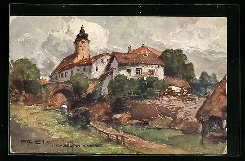 Künstler-AK Fritz Lach: St. Magdalena b. Urfahr, Ortspartie