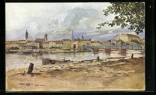 Künstler-AK Fritz Lach: Linz a. Donau, Uferpartie