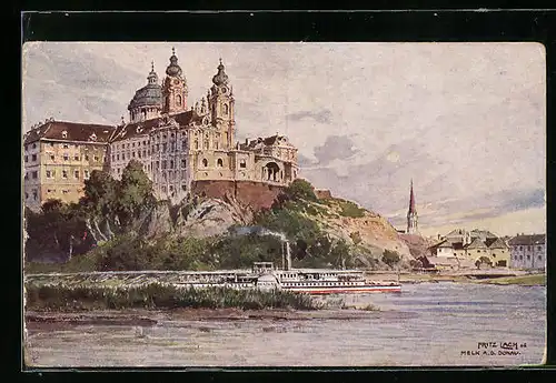 Künstler-AK Fritz Lach: Melk a. d. Donau, Stift mit Dampfer