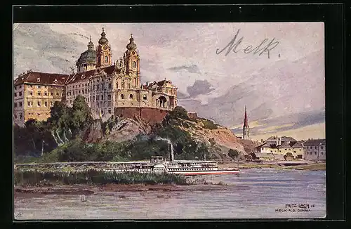 Künstler-AK Fritz Lach: Melk a. d. Donau, Stift mit Dampfer