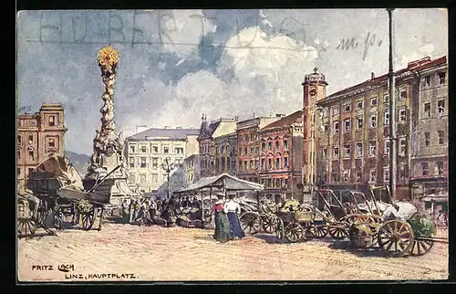 Künstler-AK Fritz Lach: Linz, Hauptplatz mit Denkmal
