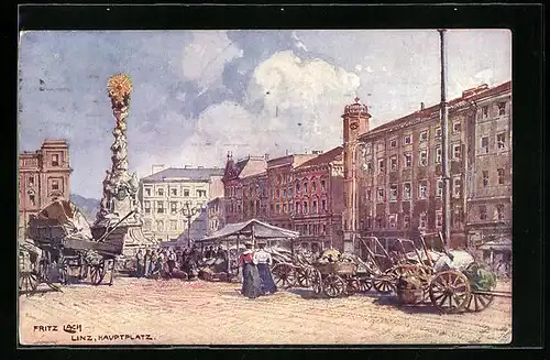 Künstler-AK Fritz Lach: Linz, Hauptplatz mit Denkmal