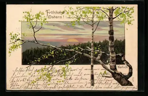 Künstler-AK Alfred Mailick: Landschaft bei Sonnenuntergang, Birken, Ostergruss