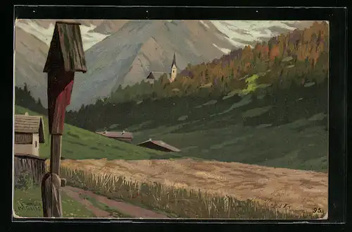 Künstler-AK Alfred Mailick: Berglandschaft mit Kirche und Flurkreuz