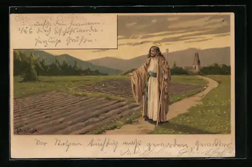 Künstler-AK Alfred Mailick: Jesus an einem Feld, Ostergruss