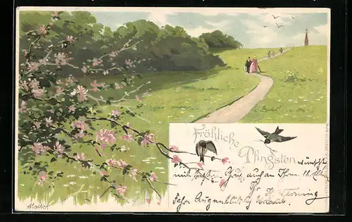 Künstler-AK Alfred Mailick: Paar und Kinder an einer Kirche, Pfingstgruss