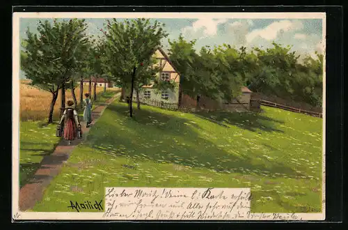 Künstler-AK Alfred Mailick: Frau mit Kannen in sommerlicher Landschaft