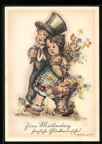 Künstler-AK Hilla Peyk: Junge und Mädchen mit Blumen zum Muttertag