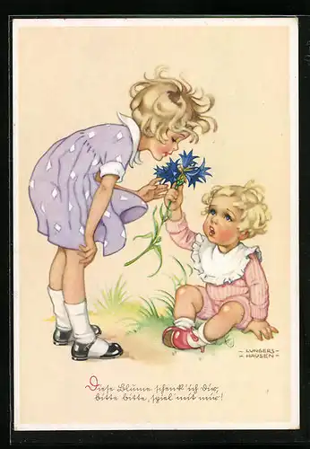Künstler-AK Ilse Wende-Lungershausen: Mädchen riecht an einer blauen Blume