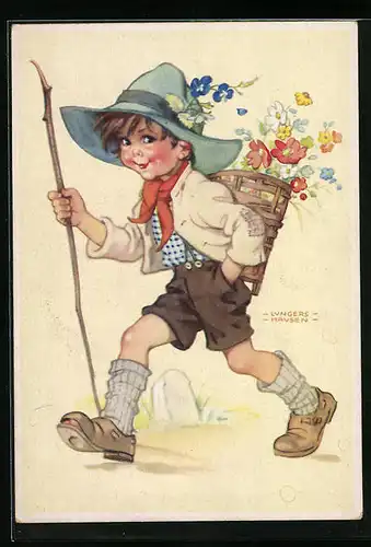 Künstler-AK Ilse Wende-Lungershausen: Junge mit Stock und grossem Hut trägt einen Korb mit Blumen