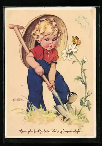 Künstler-AK Ilse Wende-Lungershausen: Junge gräbt mit einem Spaten eine Blume aus