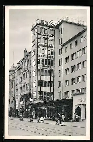 AK Karlsruhe, Blick in die Kaiserstrasse und auf das Turmcafe