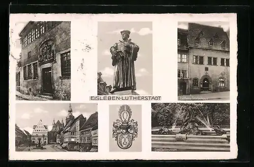 AK Eisleben, Luthers Geburtshaus, Luthers Sterbehaus, Marktplatz, Sintflutbrunnen
