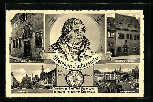 AK Eisleben, Luthers Geburtshaus, Luthers Sterbehaus, Marktplatz, Schlageter-Plan