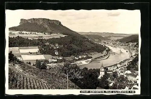 AK Königstein, Ortsansicht mit Fels Lilienstein