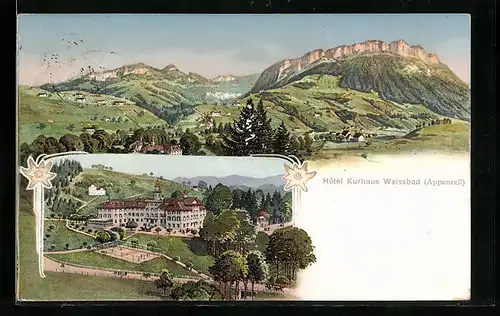 Künstler-AK Weissbad, Hotel Kurhaus Weissbad, Ortsansicht mit Blick in die Berge
